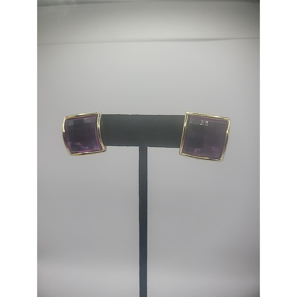 Vintage‎ Gold Tone Square Purple Glass Crystal Stud Pierced Post Earrings
